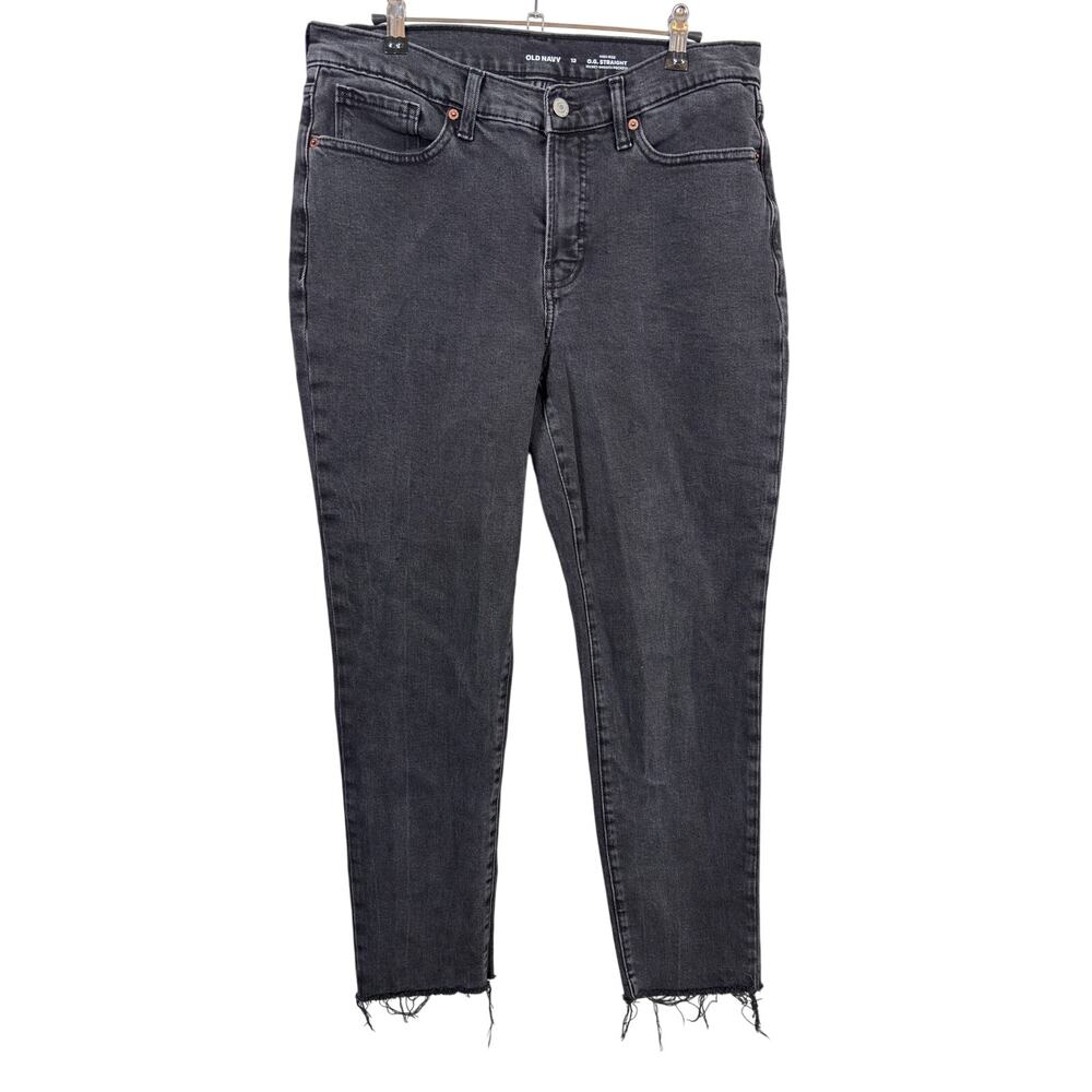 Old Navy O.G. Straight Jeans Womens 12 Black High Rise Secret-Smooth Frayed Hem